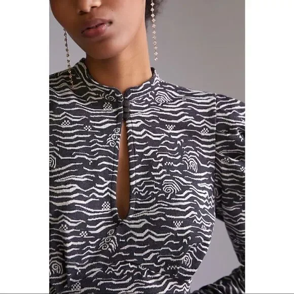 NEW Anthropologie Puff-Sleeved Black & White Jacquard Cut-Out Midi Dress X-Small